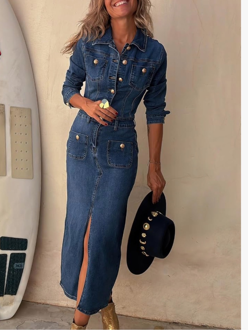 EBossy NWT M Women's Dark Blue Denim MIDI STRETCH BODYCON Shirt Dress